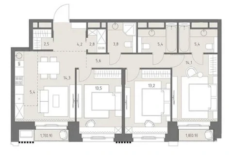 🤓3 спальни — напротив 3 душа и комната с диваном и баром на входе. Квартиры премиум-класса сразу нарезанные под формат борделя
